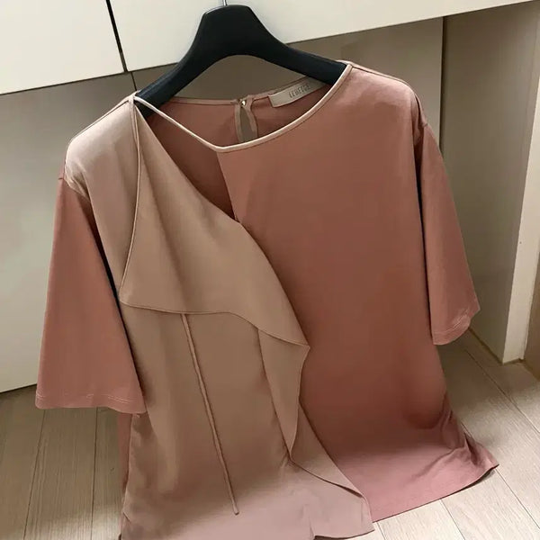 [BUNJANG] LEBEIGE Silk Blend Ruffle Sleeve T-Shirt Rose Beige / 르베이지 LEBEIGE 실크 배색 실켓 티셔츠 로즈베이지 러플 프릴 트임 반팔티