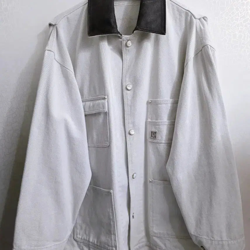[BUNJANG] Wooyoungmi White Leather Collar Denim Coat Jacket Size 48 / 우영미 화이트 레더 카라 데님 코트 자켓 25W 48size