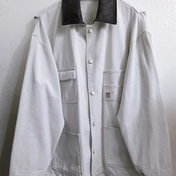 [BUNJANG] Wooyoungmi White Leather Collar Denim Coat Jacket Size 48 / 우영미 화이트 레더 카라 데님 코트 자켓 25W 48size