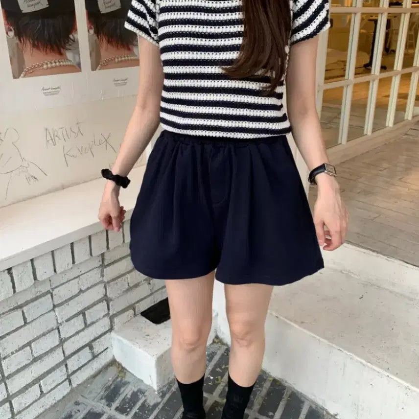 [BUNJANG] Navy Pintuck Jersey Shorts / 새상품 네이비 핀턱 쭈리 반바지