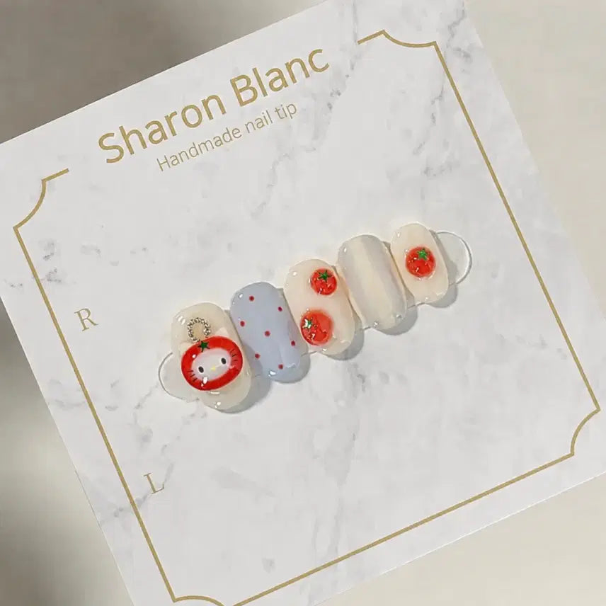 [BUNJANG] Sharon Blanc Handmade Nail Tips with Kitty Charm / 토마토 키링 키티 엠보 네일팁 / 15종 쉐입