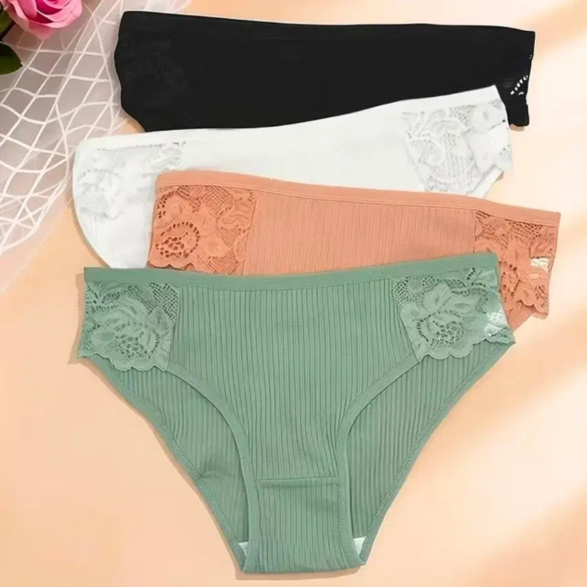 [BUNJANG] Lace Hem Rib Knit Panty Set (4 Colors) / 레이스 헴 립 니트 팬티 4종 세트. 77사이즈