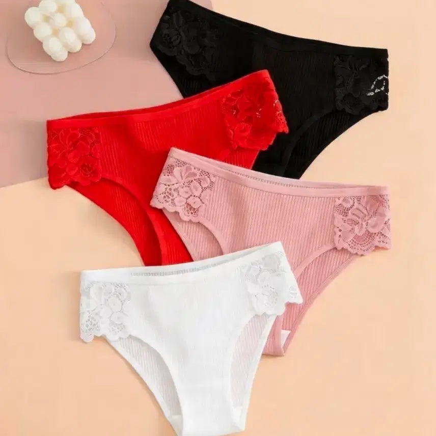 [BUNJANG] Women's Lace Trim Panty Set (4pcs) - Mixed Colors, Size 88 / 여성 팬티 4종 세트 / 레이스 포인트 / 혼합 색상. 77사이즈