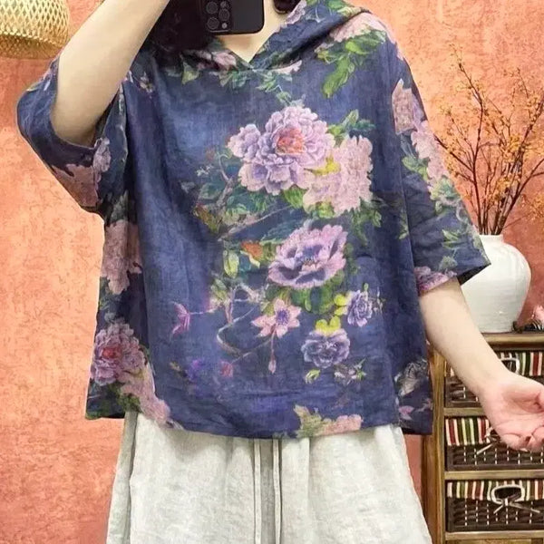 [BUNJANG] Premium Ramie Linen Peony Hooded Blouse / 새상품) 고급스러운 모시 린넨 목단꽃 후드 블라우스 (시원해요)