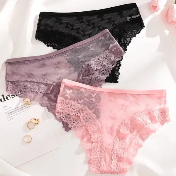[BUNJANG] Lace Panty 3-Piece Set (Black, Khaki, Pink) - Size 77 / 레이스 팬티 3종 세트 블랙/카키/핑크,  77사이즈