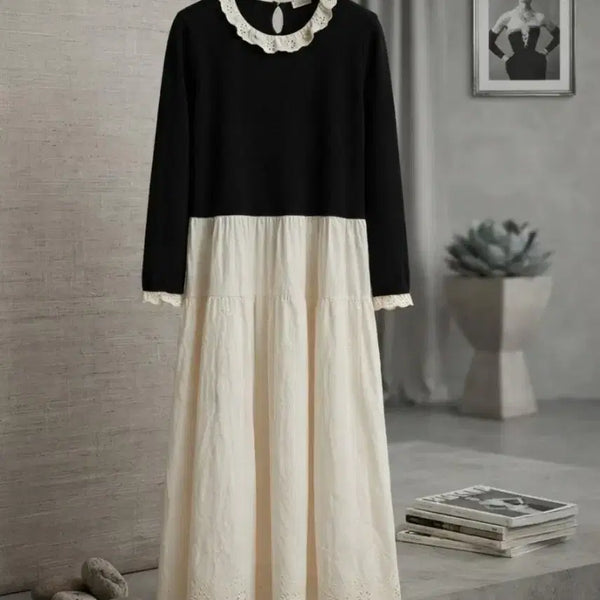 [BUNJANG] Lovely Lace Panel Perforated Embroidery One-Piece Dress / lovely 레이스 배색 펀칭자수 원피스F / 가단55