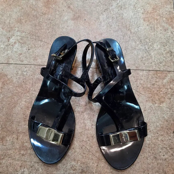 [BUNJANG] Salvatore Ferragamo Bermuda Jelly Sandal Heel Black Gold Buckle / 페라가모 젤리 샌들 블랙 금장 버클