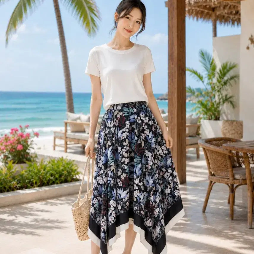 [BUNJANG] Floral Pattern A-Line Long Skirt / 플로럴 패턴 롱 스커트