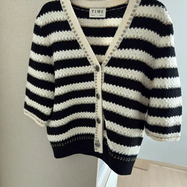 [BUNJANG] TIME Square Stripe Short Sleeve Cardigan / 한섬 타임 반팔 스트라이프 가디건