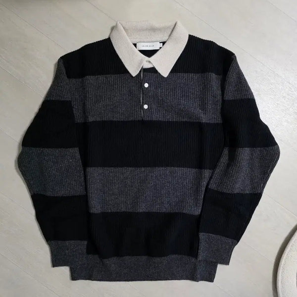[BUNJANG] UNIONBLUE RUGBY MERINO POLO KNIT BLACK STRIPE L / 유니온블루 / RUGBY MERINO POLO KNIT [BLACK STRIPE] / L