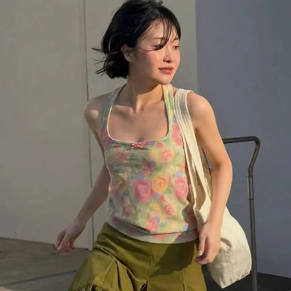 [BUNJANG] SINOON Rose Floral Knit Halter Top (Green) / 시눈 Rose Floral Knit Halter Top (Green)