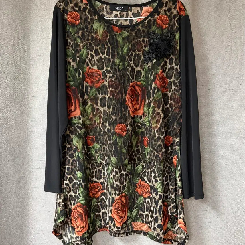 [BUNJANG] ICINOO COLLECTION Leopard Flower Print Tunic Blouse / ICINOO COLLECTION)레오파드 플라워 블라우스.빅사이즈.여성상의.긴팔.신축성좋음.엄마옷.체형커버.유니크