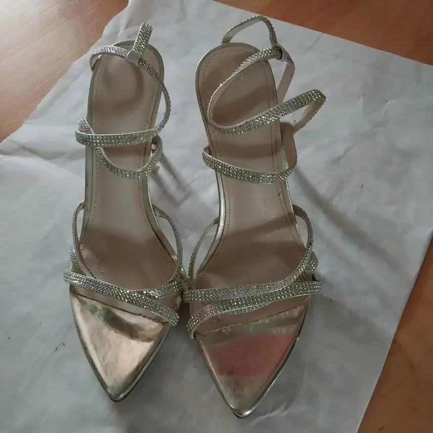 [BUNJANG] Gold Strap Heels with Cubic Embellishments / 스트랩 힐 골드 큐빅 장식