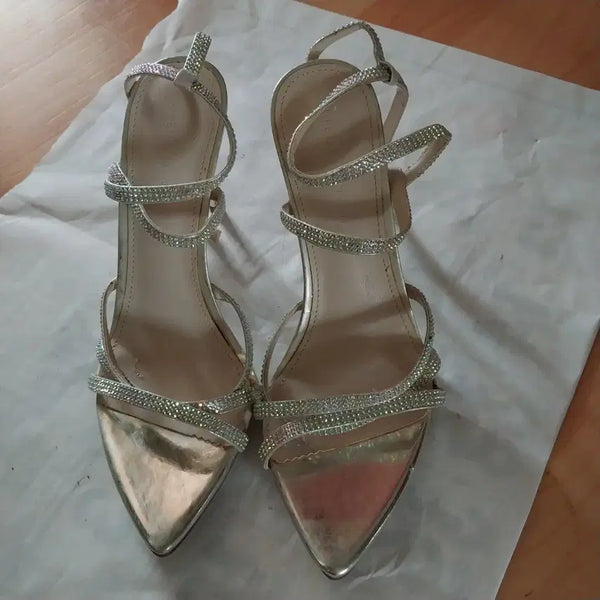 [BUNJANG] Gold Strap Heels with Cubic Embellishments / 스트랩 힐 골드 큐빅 장식