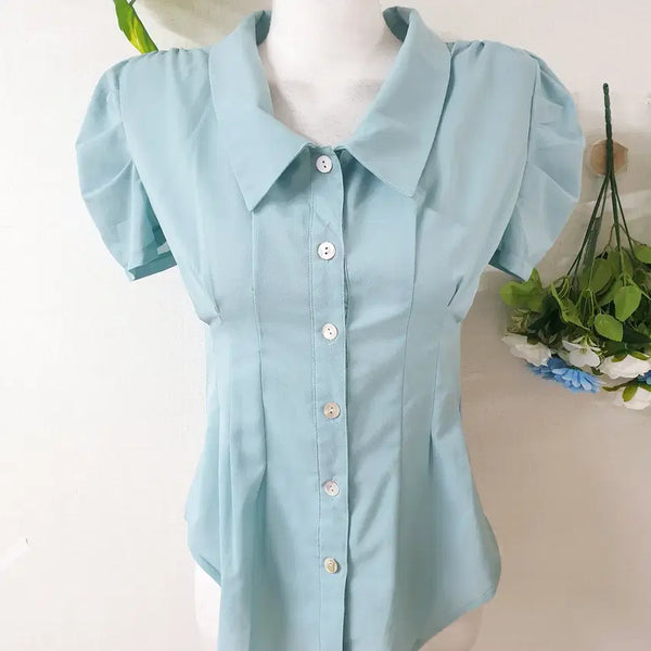 [BUNJANG] LETZZ Puff Sleeve Big Collar Blouse Blue / LETZZ 퍼프소매 빅카라 블라우스 55 블루