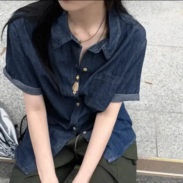 [BUNJANG] Denim Short Sleeve Shirt / 에이블리 데님 반팔 남방 셔츠 (한 번 착용)