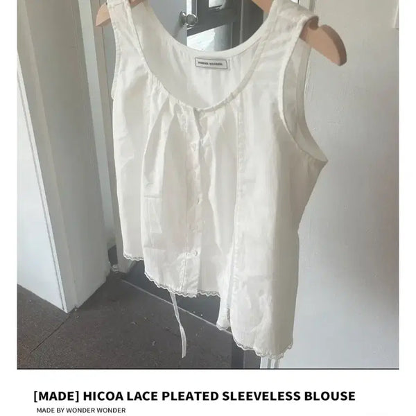 [BUNJANG] Wonder Wonder Hikoa Lace Pleated Button Strap Sleeveless Blouse / 원더원더 히코아 레이스 주름 버튼 스트랩 나시 블라우스