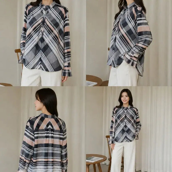 [BUNJANG] KUHO Checked Pleated Sleeve Blouse Size 2 (55-66) / [정품] 구호(KUHO)  체크 플리츠 소매 블라우스 2사이즈 / 55~66