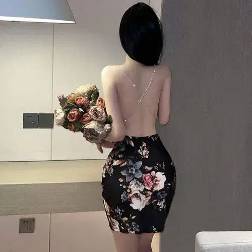 [BUNJANG] Flower Backless Cubic Chain Slip Mini Dress / 플라워 섹시 백오프 큐빅 체인 원피스 슬립