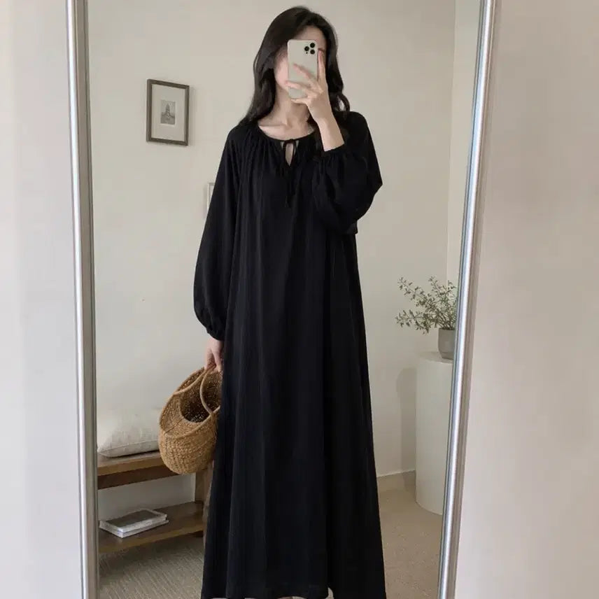 [BUNJANG] Women's Black Loose Fit Long Dress (Size 55-88) / 여성 홈웨어 루즈핏 블랙 롱원피스 55-88