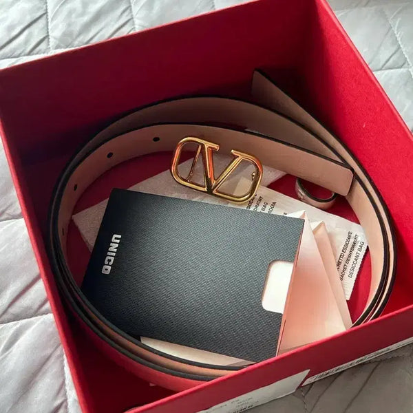 [BUNJANG] Valentino V Logo Buckle Belt Beige/Gold / 정품 발렌티노 V로고 버클 벨트 베이지/골드