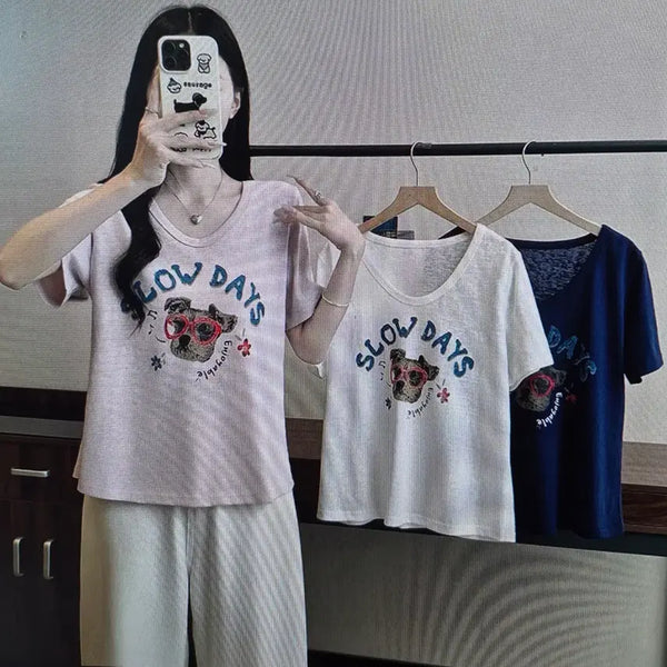 [BUNJANG] Dog Print Short Sleeve T-Shirt (Pink/White/Navy) / (해외배송)강아지 프린팅 반팔 티셔츠 핑크/화이트/네이비