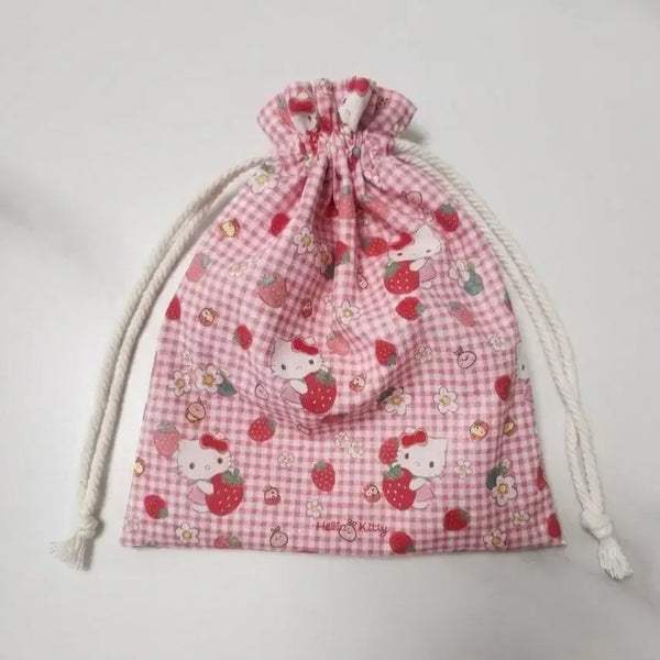 [BUNJANG] Hello Kitty Drawstring Pouch (Checkered Strawberry) / 헬로키티 복조리파우치 (체크딸기)
