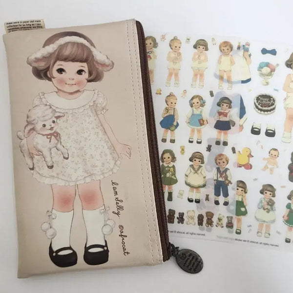 [BUNJANG] Aprocat Paper Doll Mate Sally Pouch Stickers Bundle Pencil Case Vintage Stationery / 아프로캣 페이퍼돌메이트 샐리 파우치 스티커 일괄 필통 고전문구