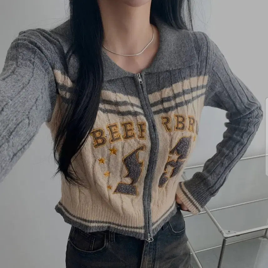 [BUNJANG] Embroidered Cropped Two-Way Collar Knit Zip-Up Cardigan - Gray / 자수 크롭 투웨이 카라 니트 집업 가디건 그레이