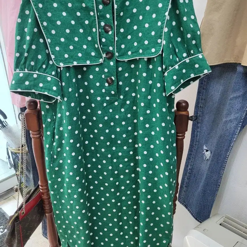 [BUNJANG] Green Polka Dot Long Dress / 초록색 물방울무늬 원피스  칼라거펠트