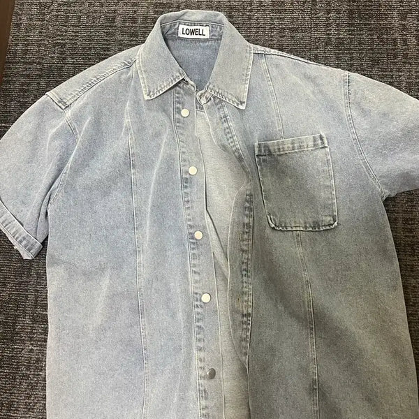 [BUNJANG] Vintage Denim Short Sleeve Shirt Light Blue Wash / 빈티지 데님 반팔 셔츠 연청