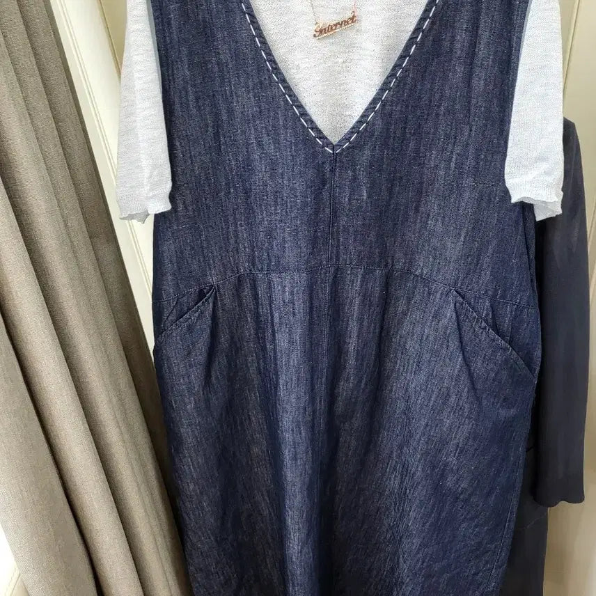 [BUNJANG] Blue Denim V-Neck Midi Dress / 청 데님 브이넥 원피스