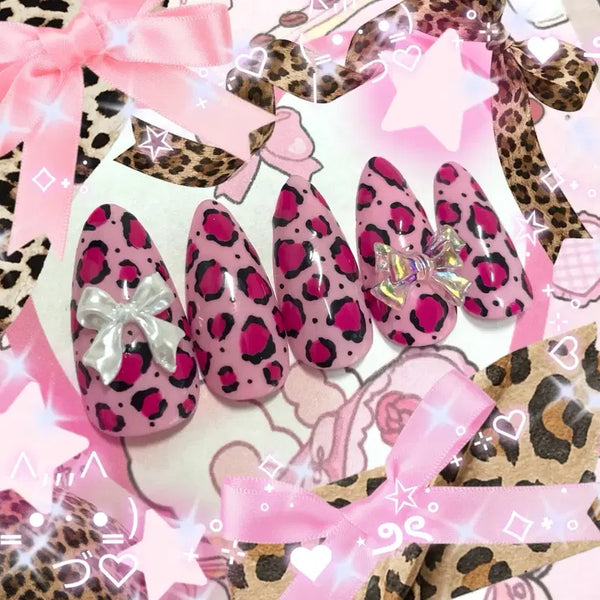 [BUNJANG] Handmade Y2K Hime Gyaru Strawberry Milk Pink Leopard Print Nail Tips / (빠른배송)갸루 호피 딸기우유 핑크 수제네일팁 공주 y2k 히메갸루 여름네일