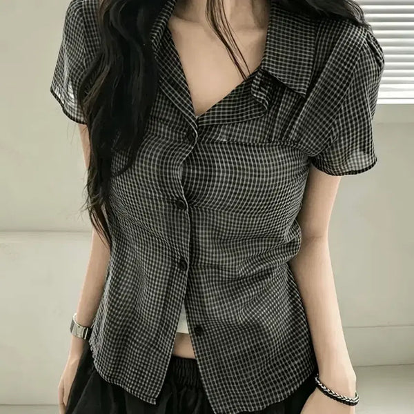 [BUNJANG] Vintage Seersucker Checked V-Neck Short Sleeve Shirt / 빈티지 시어서커 브이넥 체크 반팔 셔츠