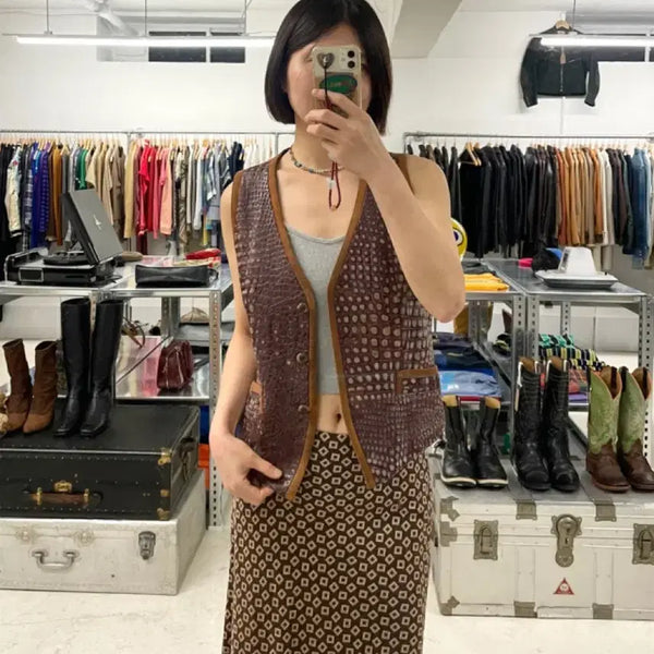 [BUNJANG] Japanese Vintage Lambskin Leather Vest Crocodile Pattern Suede / 일본 빈티지 양가죽 레더 베스트