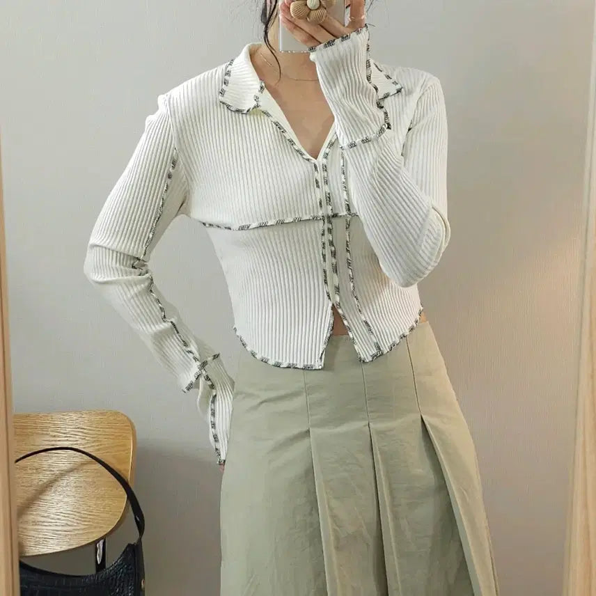 [BUNJANG] (F)BAS Women's Collared Long-Sleeve Cropped Knit / (F)BAS 여성 카라 긴팔 크롭 니트