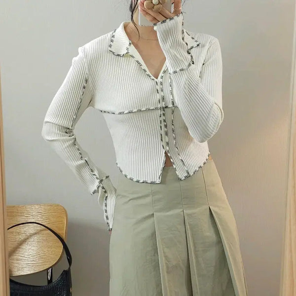 [BUNJANG] (F)BAS Women's Collared Long-Sleeve Cropped Knit / (F)BAS 여성 카라 긴팔 크롭 니트