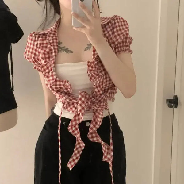 [BUNJANG] Red Check Frill Wrap Blouse / 새상품 레드 체크 프릴 랩 블라우스