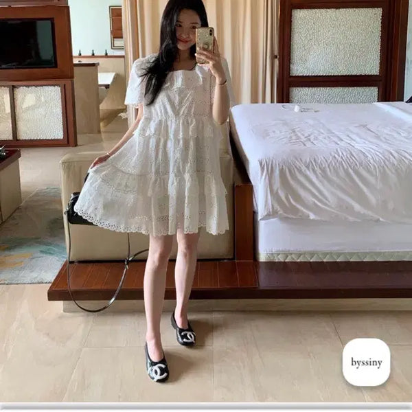 [BUNJANG] Bycinny White Sand Punching One-piece Dress / 바이씨니 화이트샌드 펀칭원피스