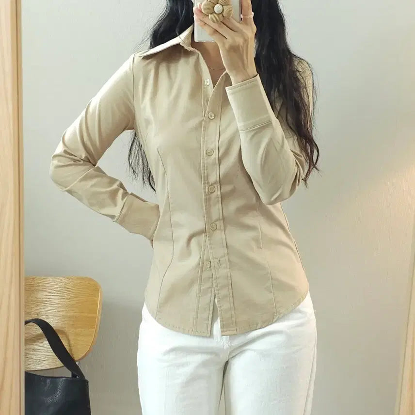 [BUNJANG] Women's Long Sleeve Shirt Beige (S-M) / (S-M)여성 긴팔 셔츠 베이지