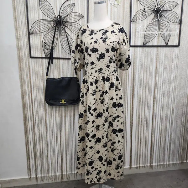 [BUNJANG] Ozok Beige Flower Pattern Long Dress / 오조크 베이지 플라워 패턴 롱 원피스 free