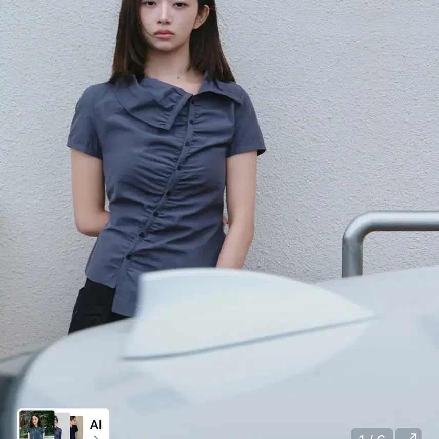 [BUNJANG] MISEKI SEOUL High Neck Shirring Button Shirt Charcoal / 미세키서울 [레이 PICK] High neck shirring button shirt CHARCOAL