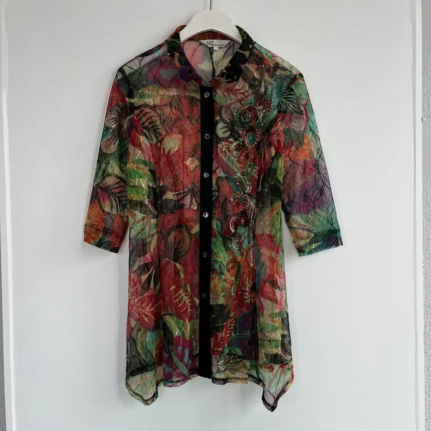[BUNJANG] NINE CLASSIC Floral See-through Long Blouse XXL / NINE CLASSIC 플로럴 시스루 롱 블라우스 xxl