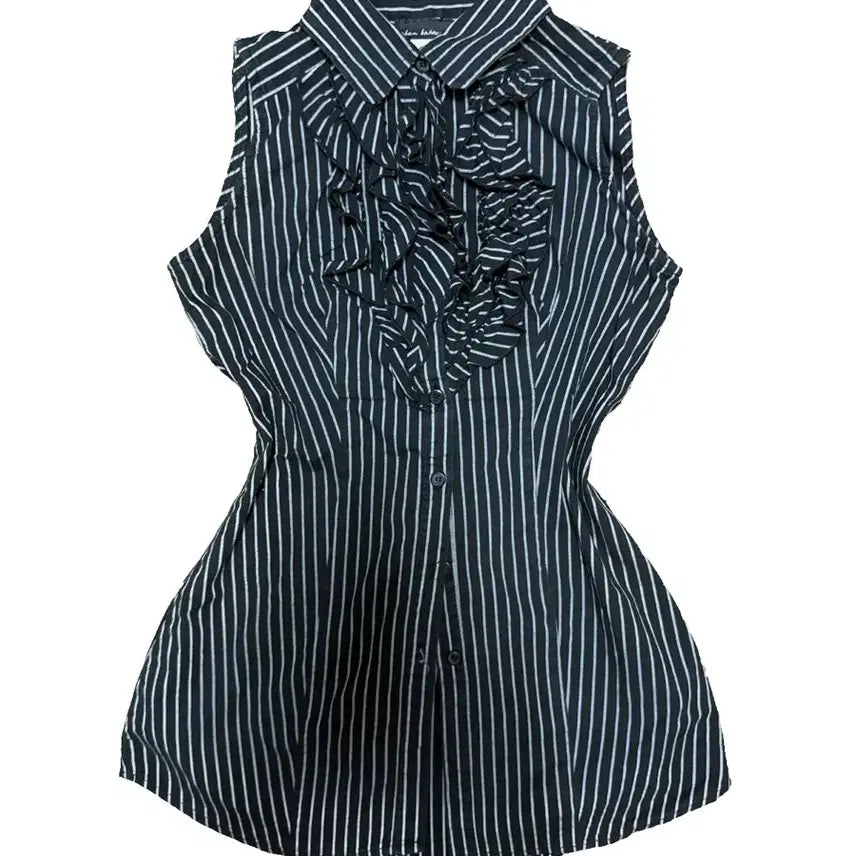 [BUNJANG] Goth Lolita Ruffle Stripe Sleeveless Blouse / 고스로리 고딕 공겜여주 프릴 러플 스트라이프 블라우스 민소매 셔츠 빈티지