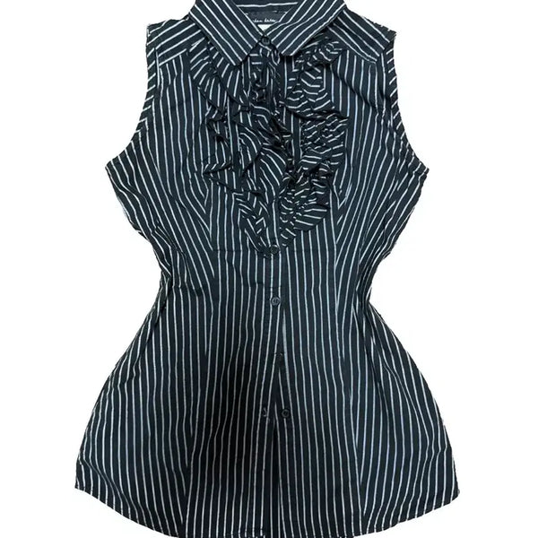 [BUNJANG] Goth Lolita Ruffle Stripe Sleeveless Blouse / 고스로리 고딕 공겜여주 프릴 러플 스트라이프 블라우스 민소매 셔츠 빈티지