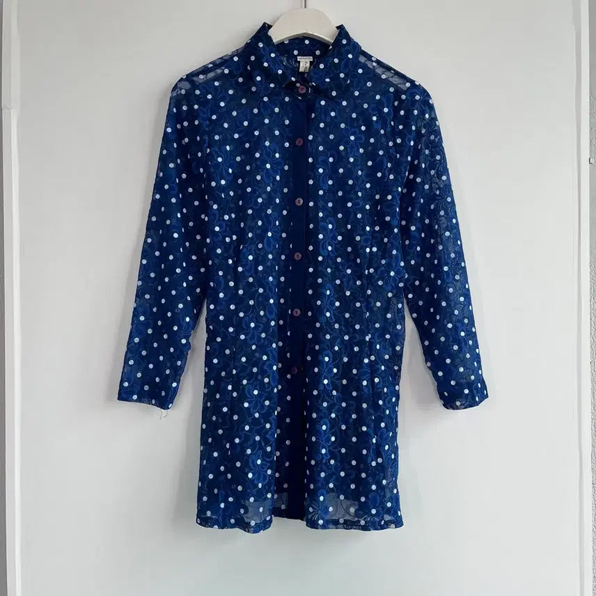 [BUNJANG] Blue Dot Lace See-Through Long Shirt (Size 88) / 라라 블루 도트 레이스 시스루 롱셔츠 88