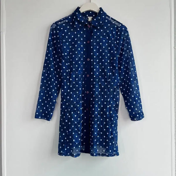 [BUNJANG] Blue Dot Lace See-Through Long Shirt (Size 88) / 라라 블루 도트 레이스 시스루 롱셔츠 88