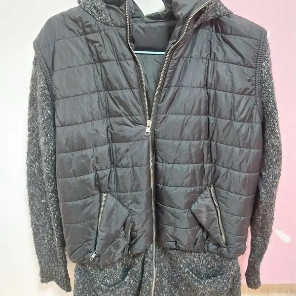 [BUNJANG] Hooded Padded Vest Knit Mix Jumper / 후드 패딩 조끼 니트 믹스 점퍼