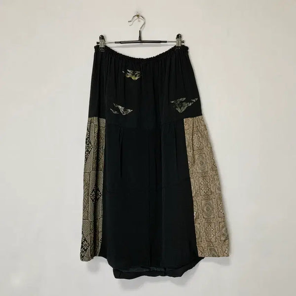[BUNJANG] Vintage Oriental Pattern Midi Skirt - Black / 빈티지 밴딩 오리엔탈 동양 패턴 미디 스커트 블랙 빈티지 치마 보헤미안