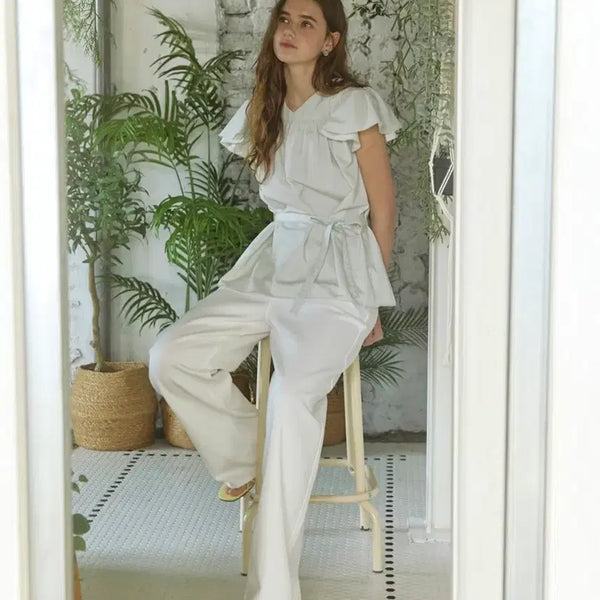 [BUNJANG] Edaul Ruffle Wing Belted Blouse Ash Khaki / 어다울 러플 윙 벨티드 블라우스[애쉬 카키]